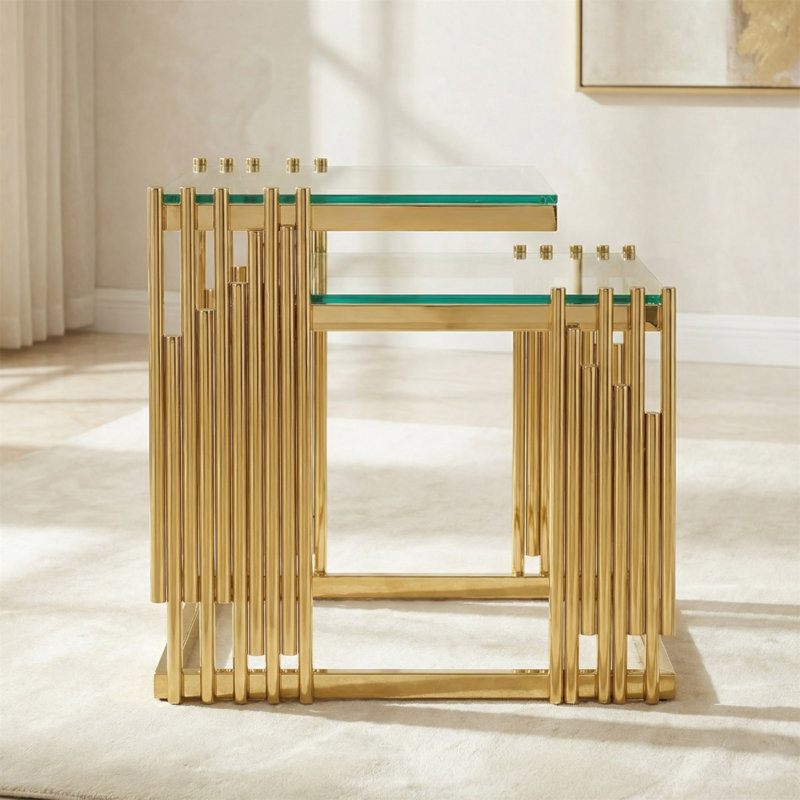 Ensemble de 2 tables basses dorées, plateau en verre trempé avec structure en acier inoxydable 201, table basse moderne pour le salon et la chambre à coucher