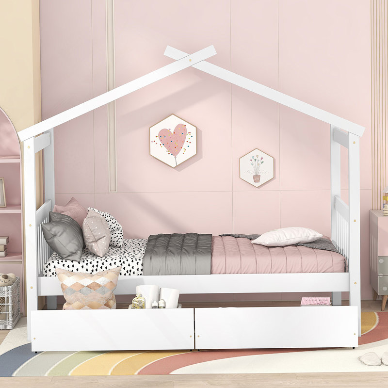 Lit en bois avec tiroirs, Blanc