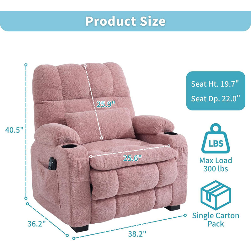 Fauteuil inclinable électrique surdimensionné, porte-gobelets, Tissu rose