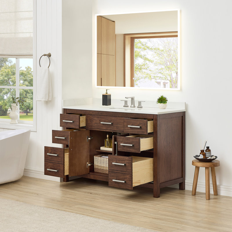 Beckett 54" Freestanding Single Bathroom Vanity with Quartz Top, Brushed Nickel, Giotto Quartz, Dark Walnut