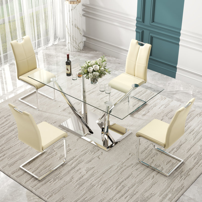Rectangle Tempered Glass Pedestal Dining Set, 5, Yellow, Silver