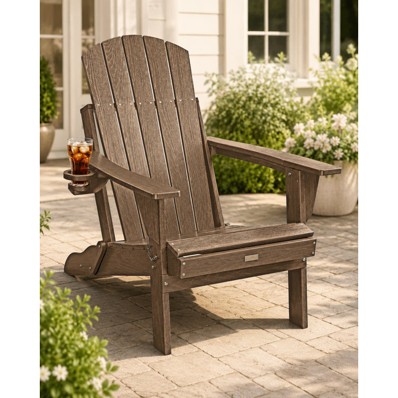 Chaise Adirondack pliable avec porte-gobelet, chaise longue d'extérieur résistante aux intempéries pour terrasse, porche, terrasse et pelouse, teck
