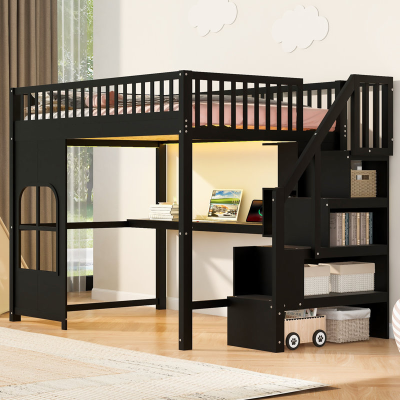 Lit mezzanine avec DEL, USB et fenêtre, Lit double, Noir