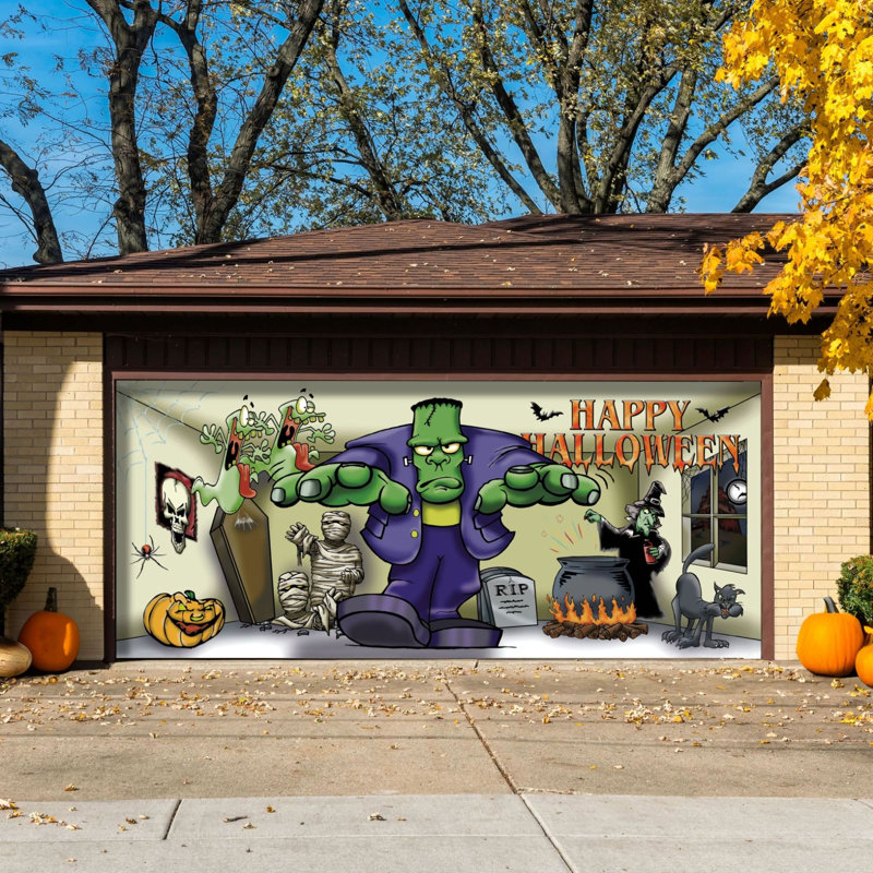 Bannière de porte de garage double 7 pi x 16 pi Frankenstein - Décorations d'extérieur