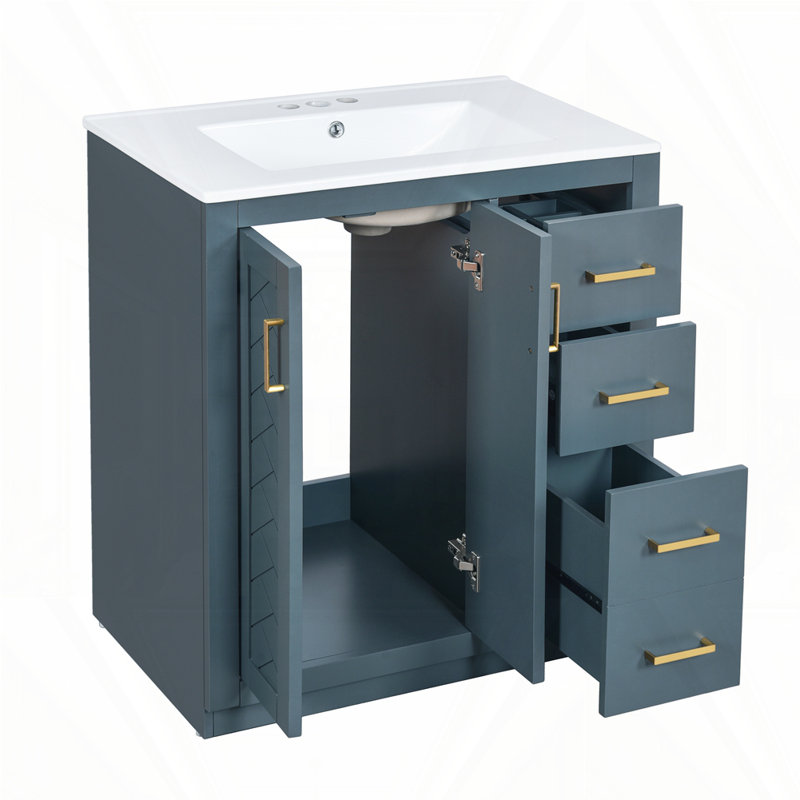 Meuble-lavabo 36 po avec lavabo en céramique, Doré, Bleu, 30"