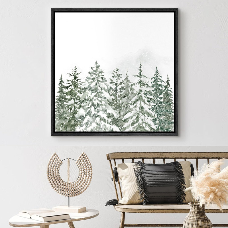 Hiver neige recouverte de pin, forêt rustique enneigée, décor de vacances sur toile encadrée, H 16 po x l 16 po