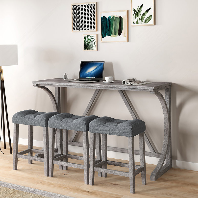 Huriye 4 Pieces Rectangular Bar Dining Table Set with Power Outlet,, Dark Gray/Gray, Gray