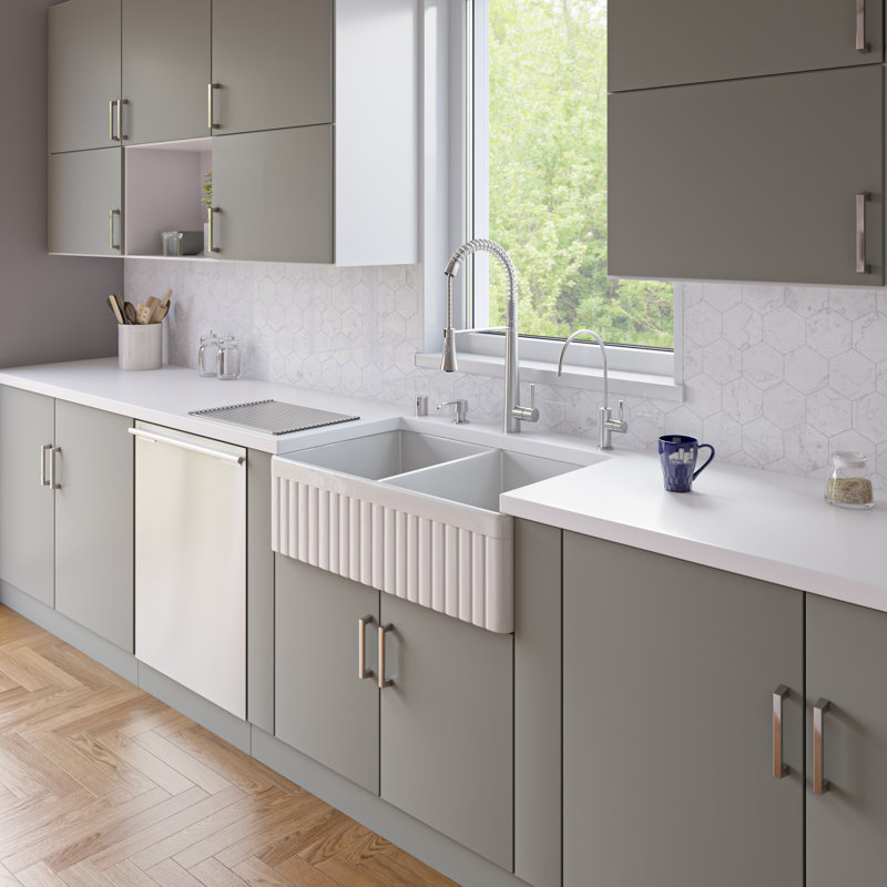 32.75'' L Double Bowl Fireclay Kitchen Sink, White