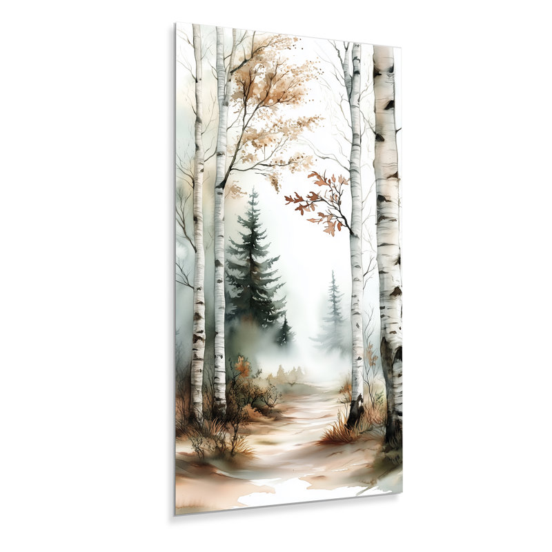 «Fall», art mural en métal, «Autumn Birch Tree Forest Path I», reproduction métallique sur toile, L 16 po x H 32 po