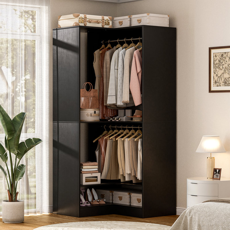 Corner Wardrobe Organizer With Upper & Lower Hanging Areas And Shoe Shelf, Black