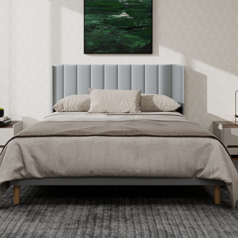 Structure de lit plateforme tapissier avec oreilles, Gris pâle, Grand lit