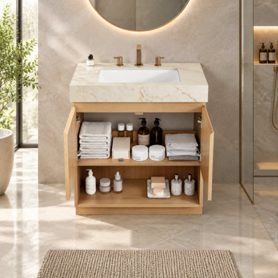Meuble-lavabo autoportant de 76 cm avec lavabo encastré en céramique et comptoir en pierre frittée