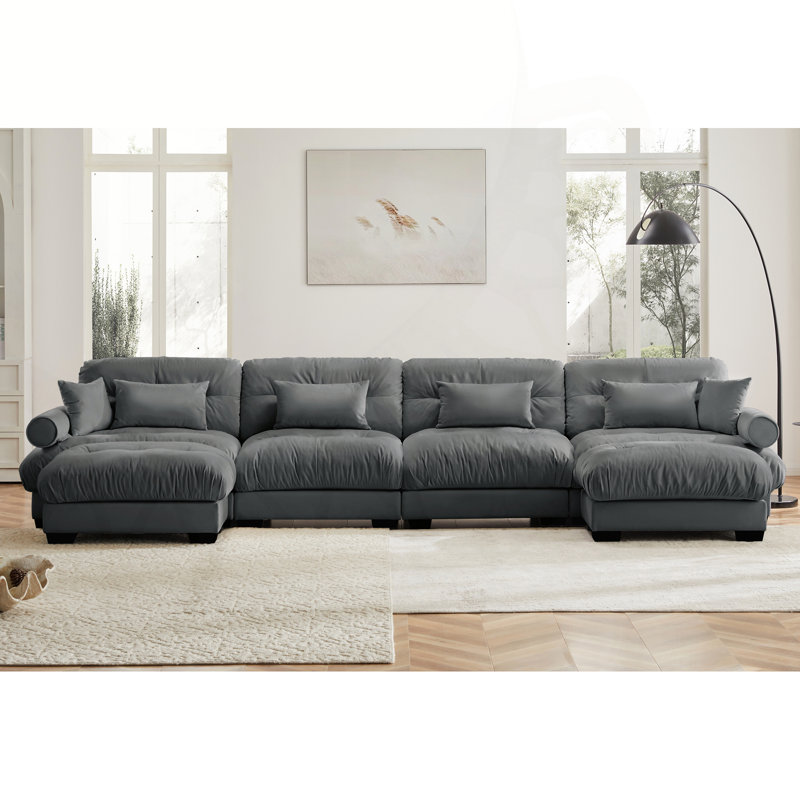 Versatile U-Shaped Covey with Movable Ottomans and Plush Pillows, Grey