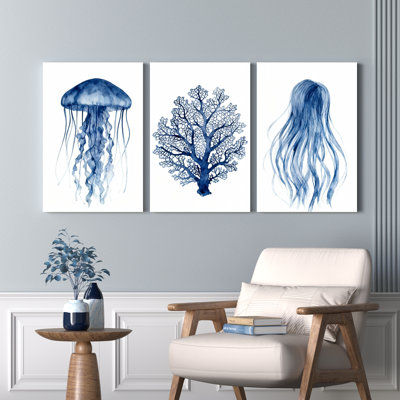 Méduse bleue, corail et algues, reproduction d'art sur toile tendue sur toile, ensemble de 3, pour salon, chambre à coucher ou salle de bain