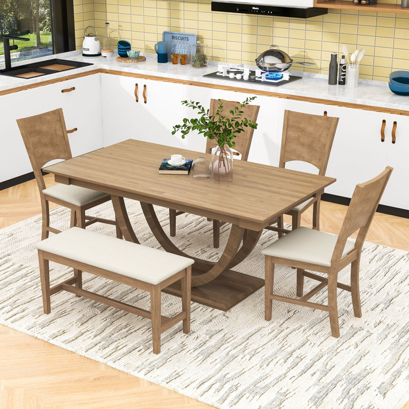 Burg 6 - Piece Pedestal Dining Set, Kitchen Table Set with Bench and 4 Dining Chairs, Brown