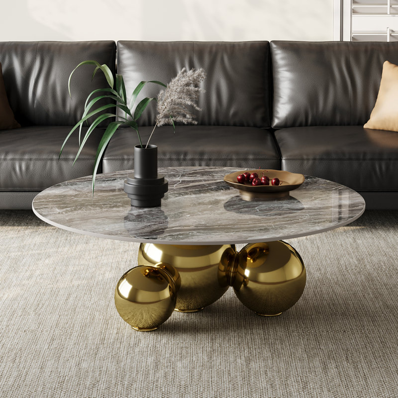 Table basse ronde moderne 39,4 po, plateau en pierre frittée avec base en acier inoxydable, Plateau noir / base or