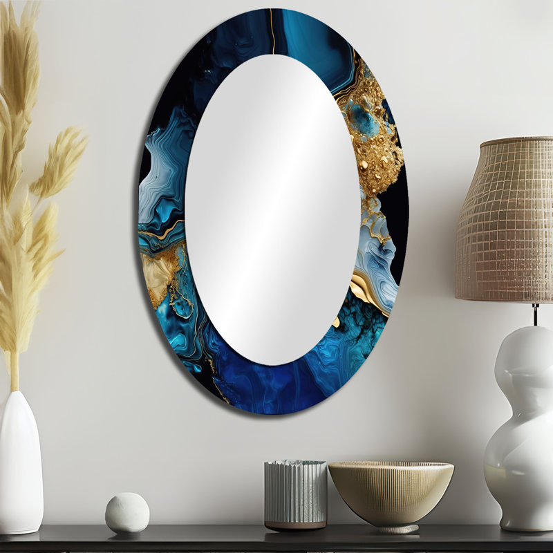 Abstract Geode Gold And Blue Marble IV - Marble Abstract Round Mirror Wall Decor_MTMIR58577, 43" x 33", Oval