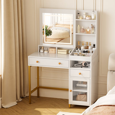White Makeup Vanity Desk with LED Mirror, Charging Station, Multi-Storage Drawers and Cabinet