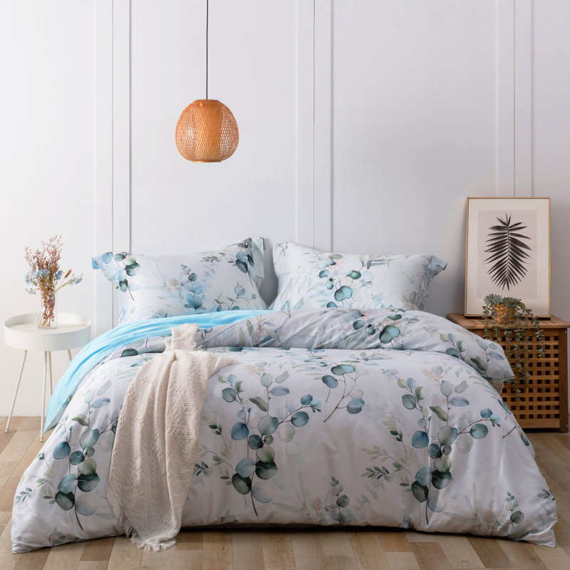 Lunaria 3-Piece Duvet Cover Set – 100% Long-Staple Cotton, Teal Leaf Gradient Print, Soft & Breathable