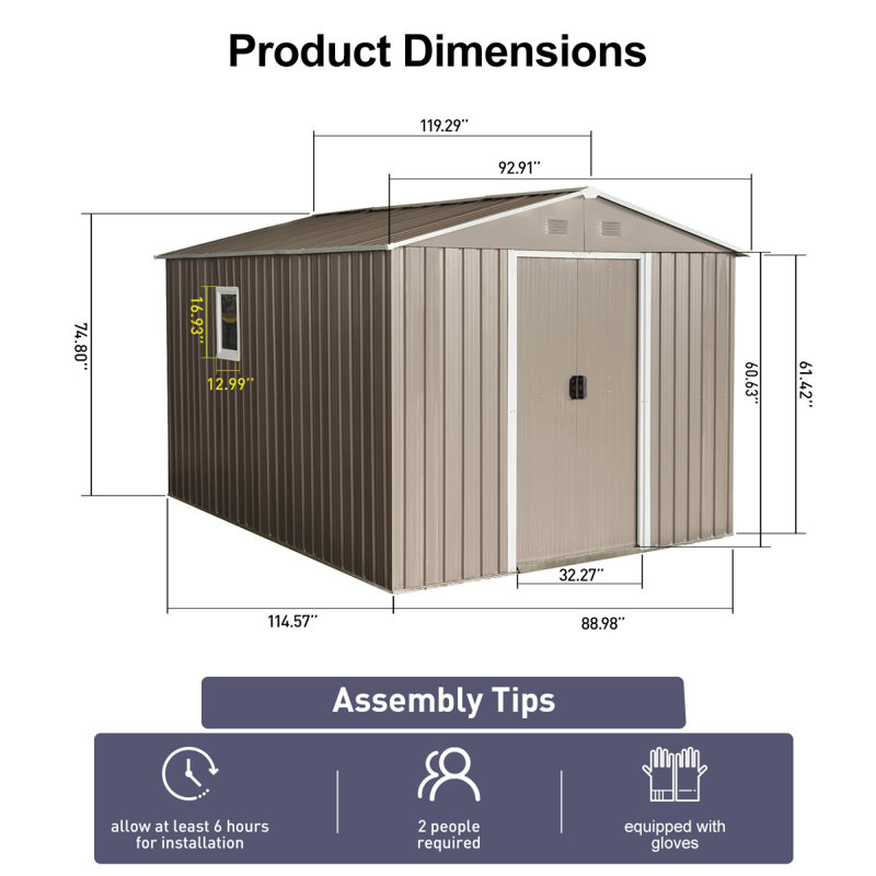 Abri de jardin en métal 5 pi x 4 pi pour rangement extérieur blanc + jaune