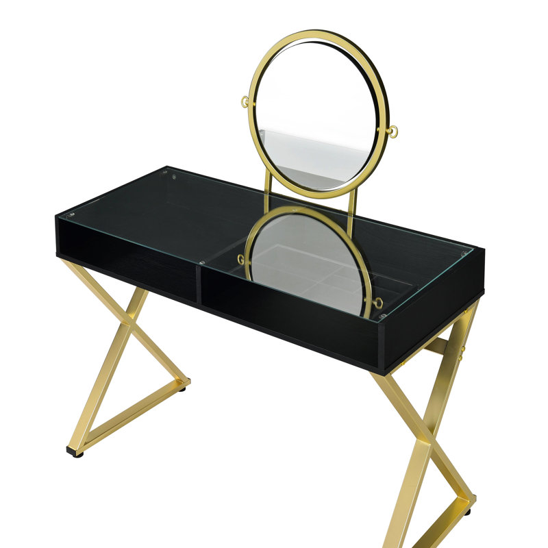 Rectangular Black & Gold Finish Vanity Desk With Mirror, Jewelry Tray, Metal Frame And 2 Storage Drawers, 42 Inches Wide Trait Aspect In Tint, Frame, Tray 50 High Parameter Value