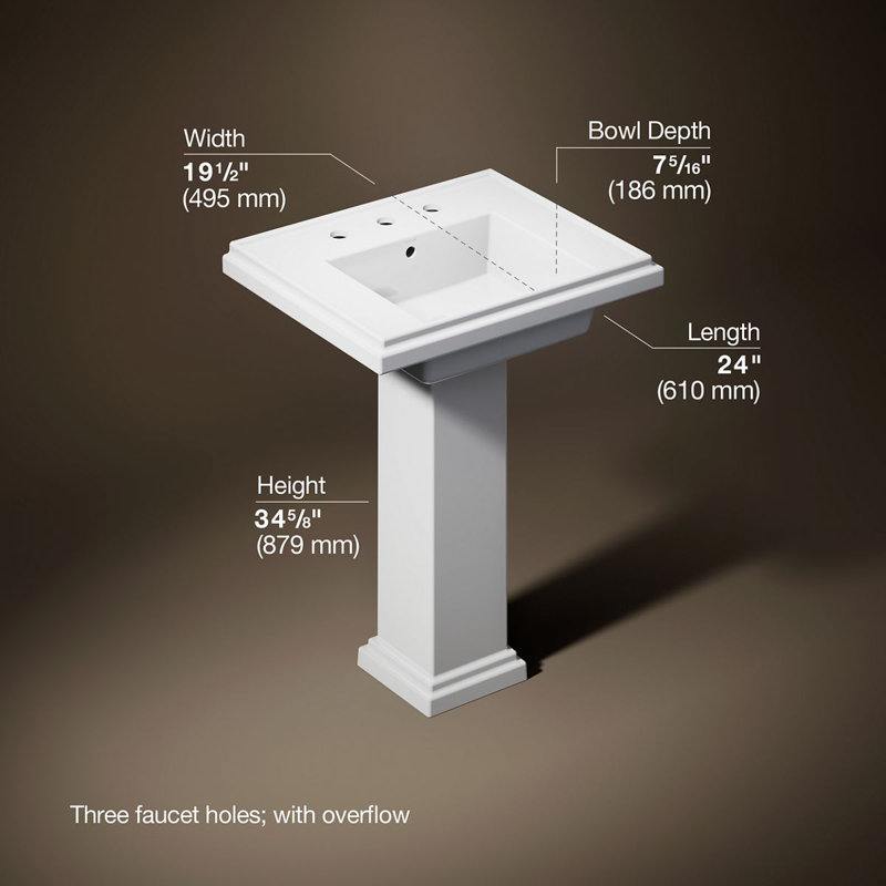Tresham Fireclay Pedestal Bathroom Sink, White, 8" Centers, 34.625" H x 19.5" W x 24" L