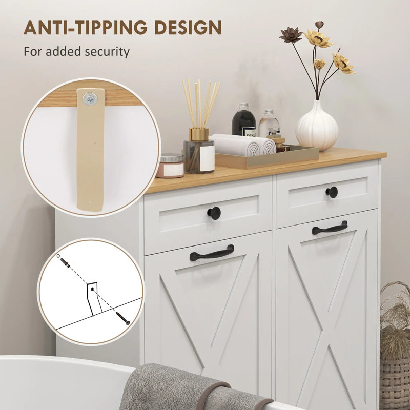 White MDF Double Tilt-Out Laundry Hamper Cabinet with Drawers