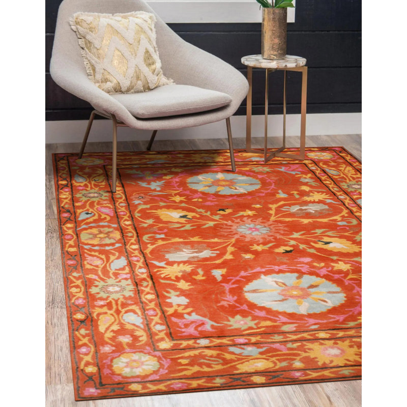 Hand Tufted Wool Floral Area Rug in Pink, 8' x 10'
