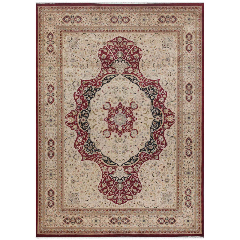 Tapis unique en laine noué à la main beige / rouge / brun clair de 9 pi 1 po x 12 pi 8 po
