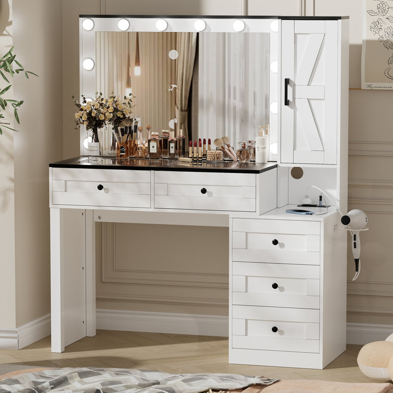 Bureau de coiffeuse Jahking avec miroir et lumières en 3 couleurs, plateau de table en verre, station de charge, tiroirs