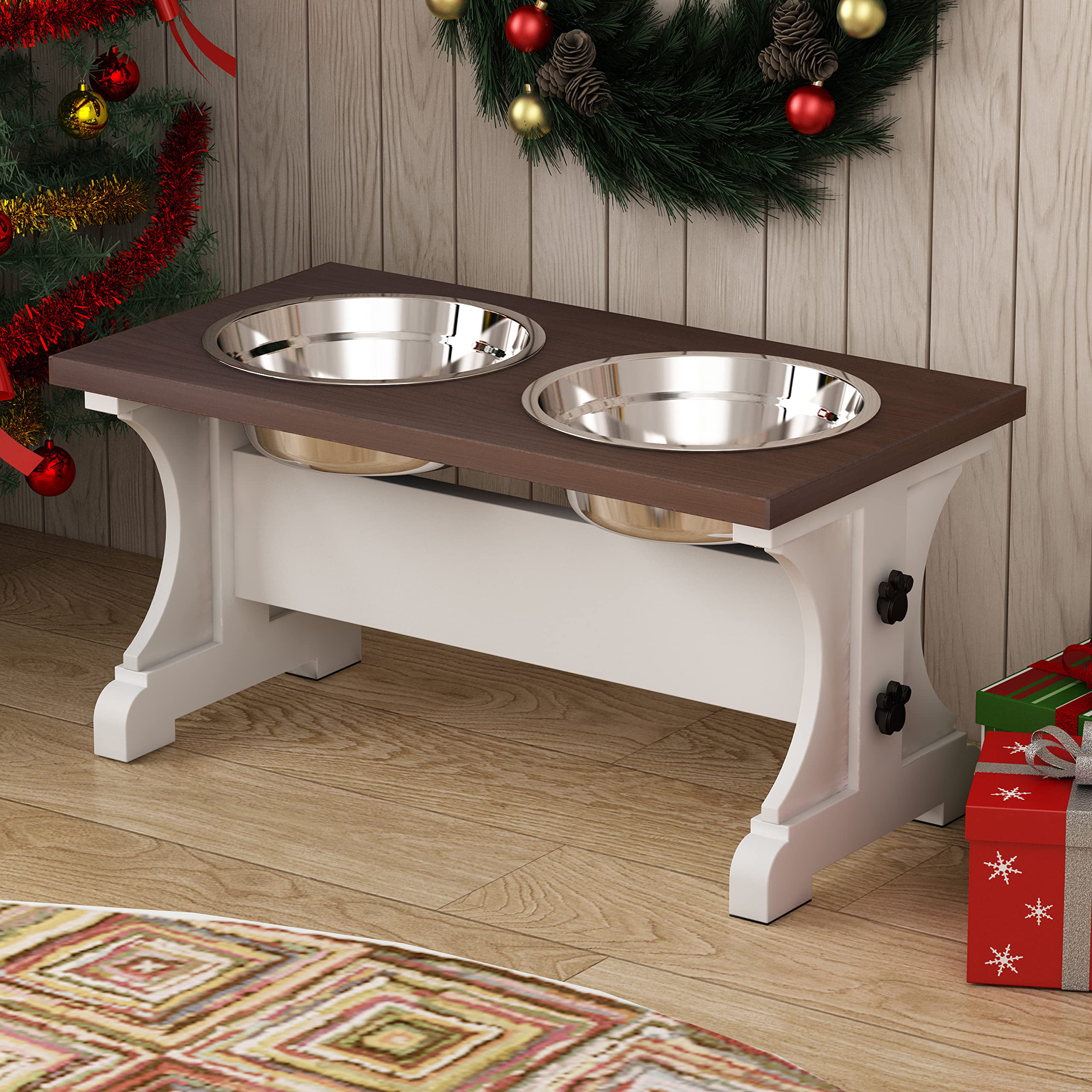 Elevated Dog Bowl with Double Stainless Steel Bowl and Waterproof Plate ,  Rustic Wooden Dog Dish Stand for Medium To Large Dogs and Cats. Do-Over  Color 