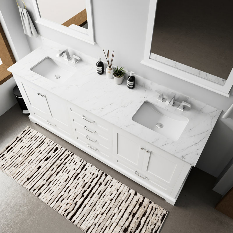 Meuble-lavabo blanc l 80 po x P 22 po avec comptoir en marbre et meuble-lavabo double avec rangement en bois massif, blanc, marbre, bois