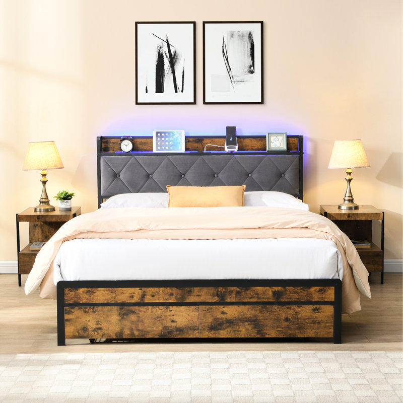 Structure de très grand lit avec éclairage à DEL, tête de lit avec rangement, roulettes à 2 tiroirs, chargement, gris, sans sommier, installation rapide, décoration de chambre à coucher moderne, métal durable, assemblage silencieux et éclairé,