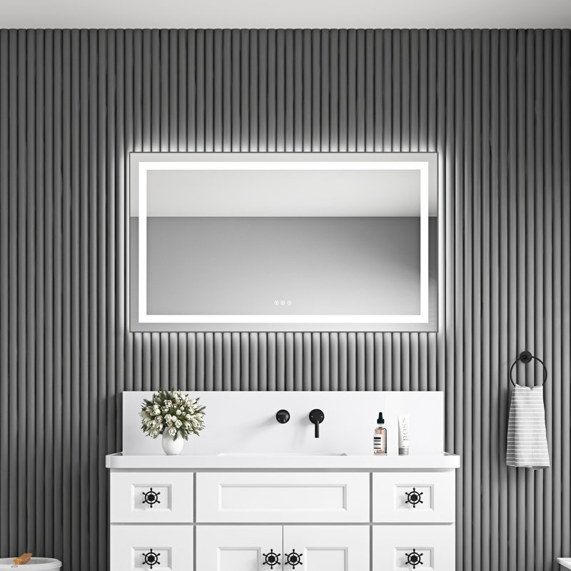 Miroir de meuble-lavabo mural 48 po x 28 po avec 3 températures de couleur, brouillard, cadre en aluminium, frêne, pour créer une atmosphère de salle de bain, mémoire, gradation continue, améliore l'apparence