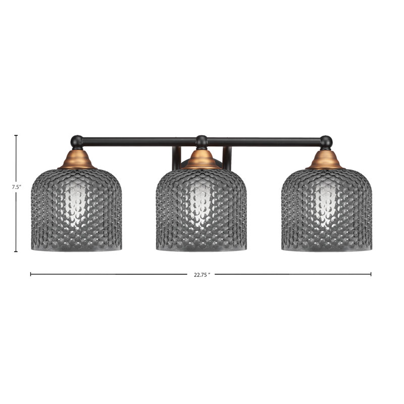 Barre d'éclairage de salle de bain 3 lumières Allexus noir mat et laiton fumé 6 po, H 7,5 po x l 22,75 po x P 8,5 po
