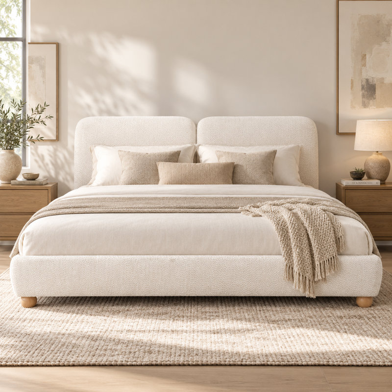 Lit plateforme capitonné bouclé, de format king, avec tête de lit incurvée de 20 cm d'épaisseur, pieds arrondis en hévéa massif et lattes en bois, sans sommier, beige