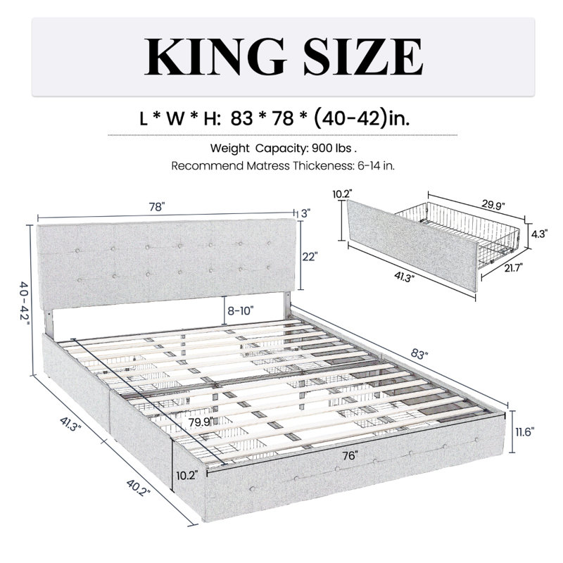 Silvester Modern Upholstered Platform Storage Bed with Wooden Slats, no box spring needed, King