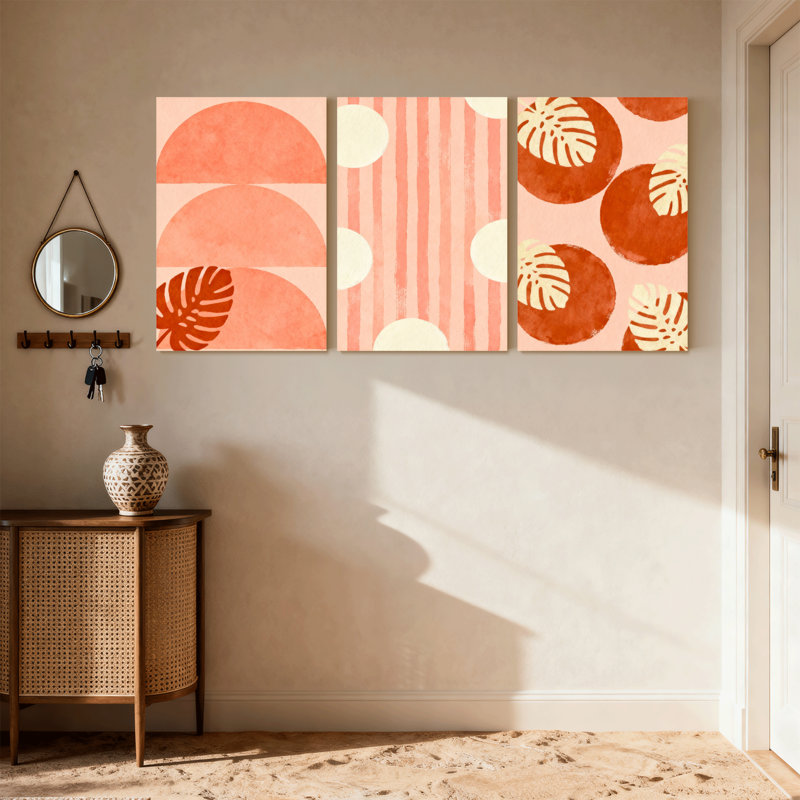 «Boho Contemporary Abstract Shapes Stripes Leaves Circles Pattern Design», ensemble de 3 impressions sur toile