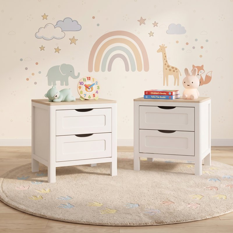 Table de chevet moderne Abra 19,68 po avec 2 tiroirs et rangement, sans poignée, en MDF, avec bords arrondis, idéale pour la chambre à coucher.