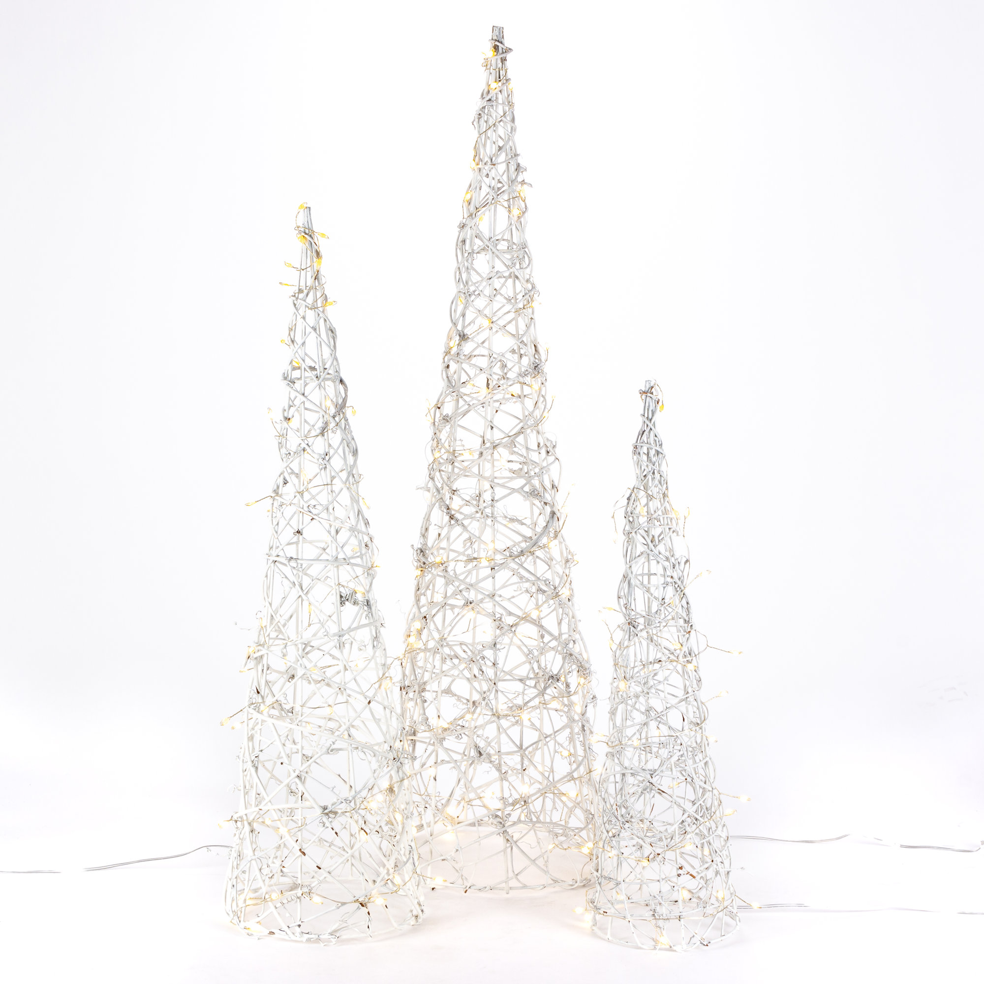 Set Of 3 White Modern Vine Trees, Battery Operated Pre Lit Led