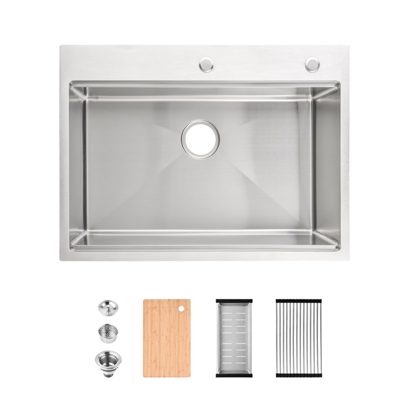 Évier de cuisine en acier inoxydable, 30 po x 22 po, sur comptoir à simple cuve, splendide finition brossée, avec planche à découper, passoire et matériau de qualité supérieure, 30 po x 22 po, rainures de drainage lisses et attrayantes