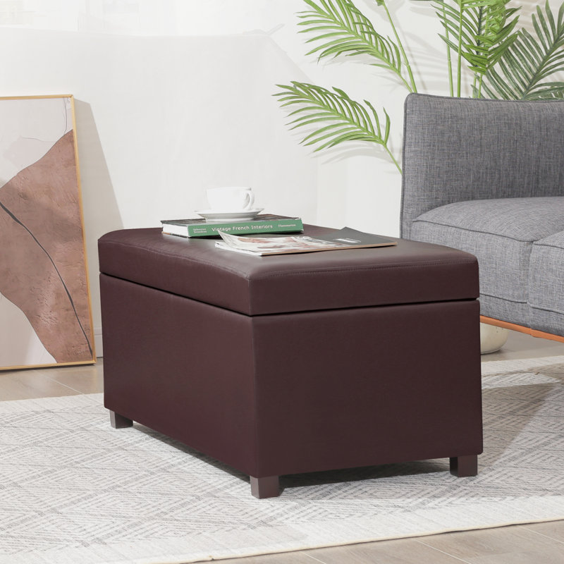 38 Inches Faux Leather Storage Ottoman Bench With Tufted Button, Brown
