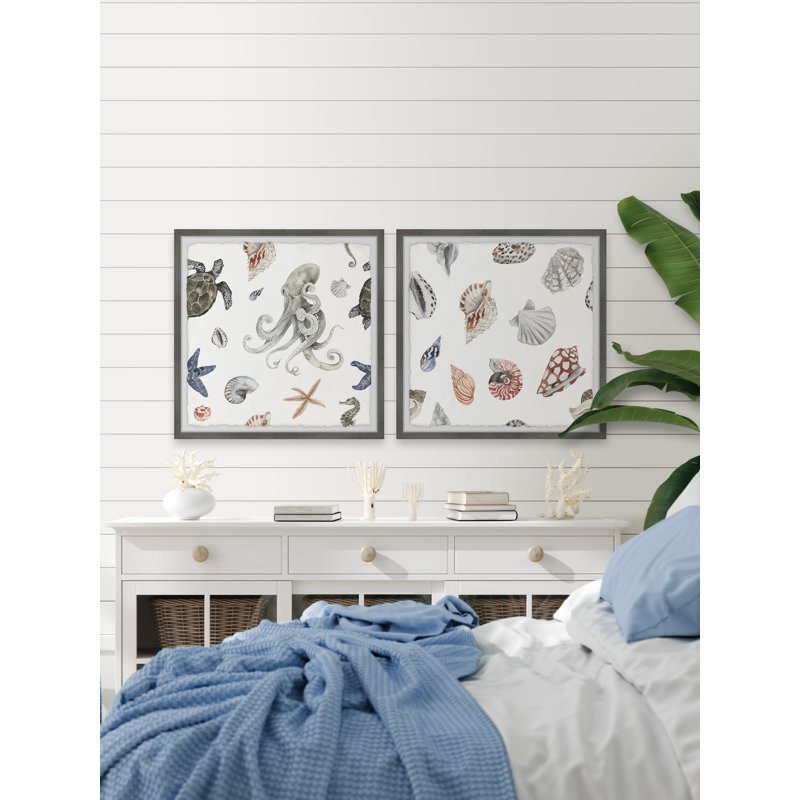 Thrapst Sea Animals by Marmont Hill - 2 Piece Single Picture Frame Painting Set, 45cm H x 90cm W x 3.81cm D