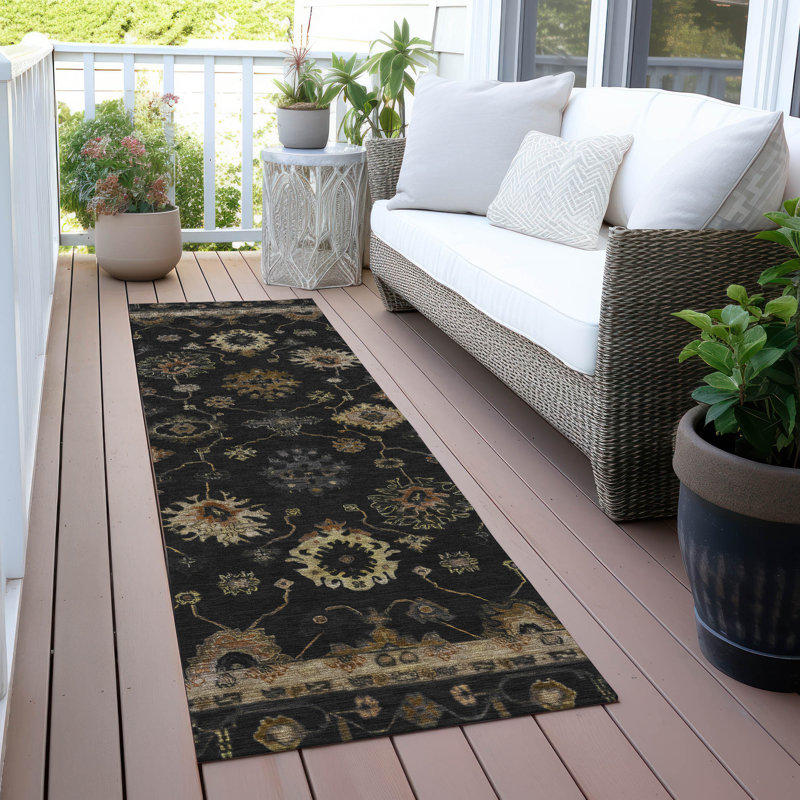 Machine Washable Indoor/Outdoor Xhevrie Black Rug, Runner 2'3" x 7'6"