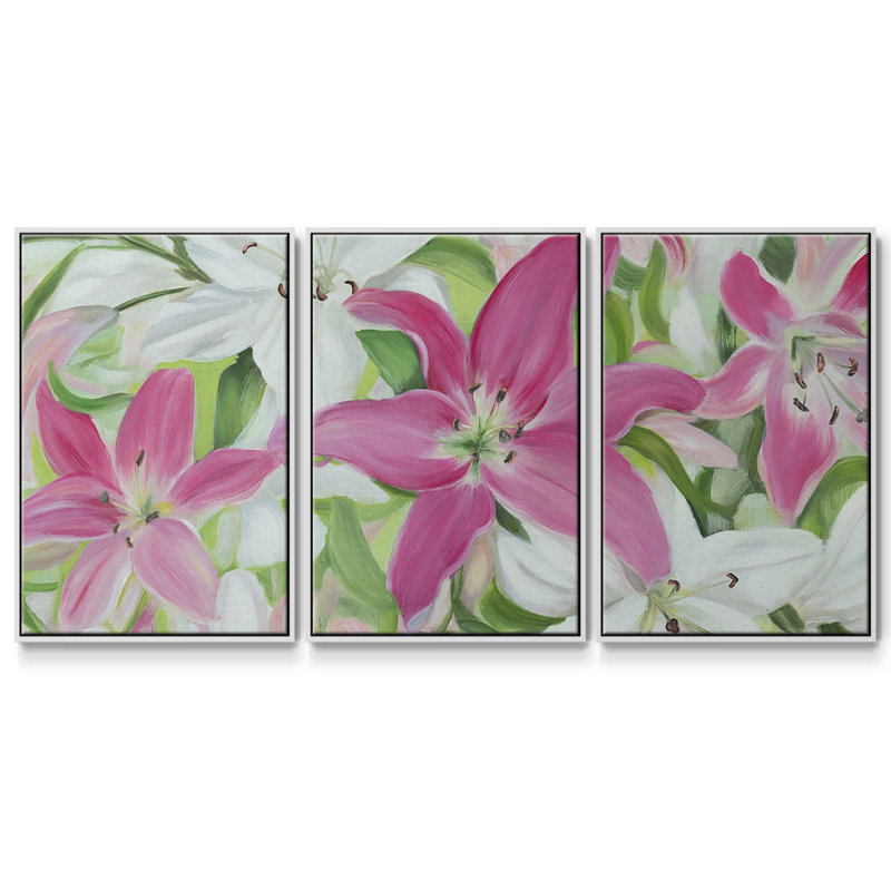 Lys roses et blancs III, reproduction sur toile 3 pièces, H 36 po x l 75 po x P 2 po, Blanc
