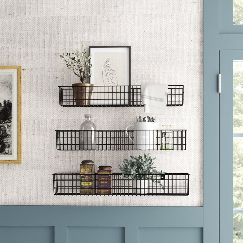 Eleuterio Metal Wall Organizer with Wall Baskets, Black