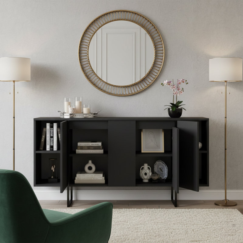 Metal Legs Console With 4 Cabinets, Anthracite/Black
