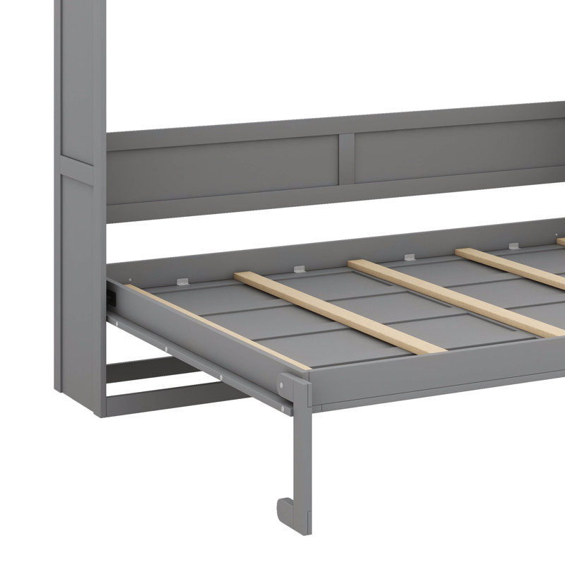 Grand lit pliable mural avec tablette de rangement et lattes de bois, Grand lit, Gris
