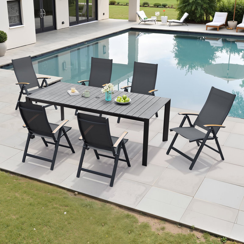 6 - Person Rectangular Aluminum Outdoor Dining Set with Umbrella Hole and Folded Reclining Armchairs, Gray