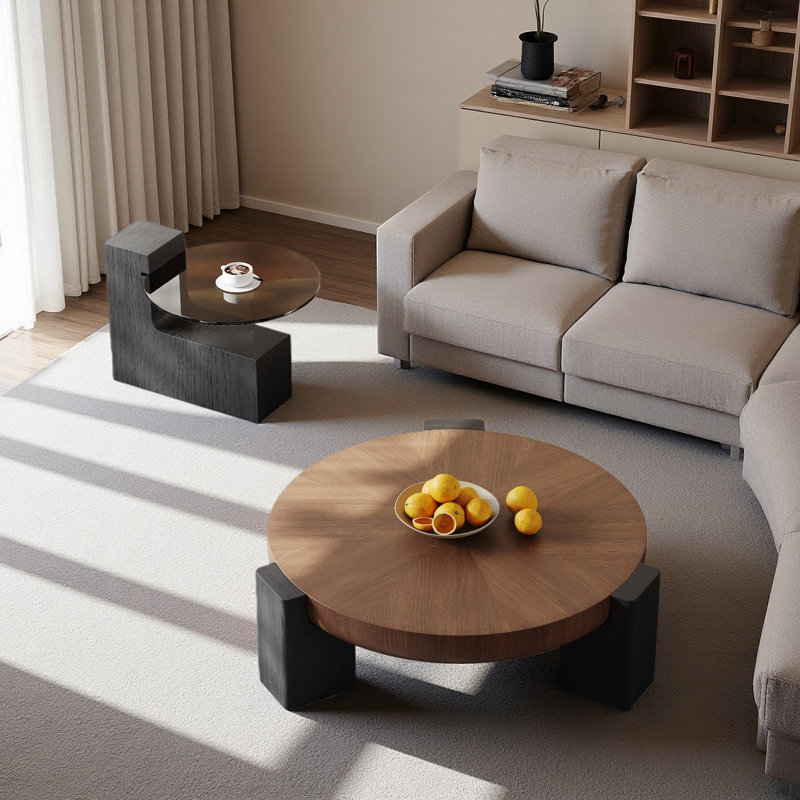 2-Piece Modern Walnut Round Nesting Coffee Table Set with Black Wooden Base